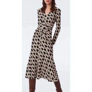 Diane Von Furstenberg Timmy Dress Womens 8 Black Geo Chain Wrap Long Sleeve Midi